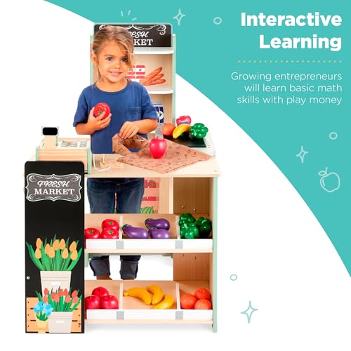 Red Wooden Supermarket Toy Set with Play Food, Cash Register, Conveyor F303776