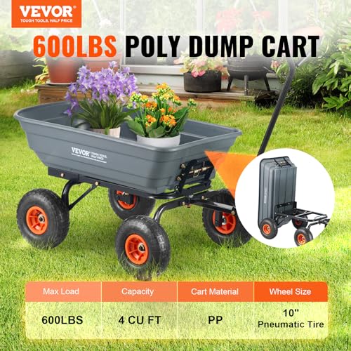 Gray 4 Cu.Ft. 600lbs Poly Garden Cart Dump Wagon with Steel Frame D147