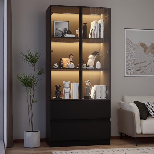 Glass Display Cabinet with LED Lights, 3-Tier Shelves and 2 Drawers X216489
