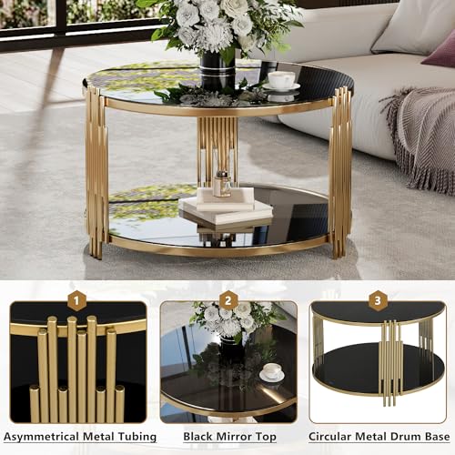 Black Round Coffee Table with Tempered Glass Tabletop and Metal Drum Base E87800