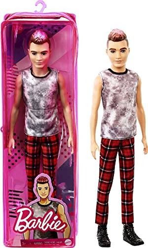 Barbie Ken Fashionistas Doll with Sculpted Brunette Ombre-Tipped Hair Wearing Sleeveless Tie-dye Shirt, Red Plaid Pants & Black Boots Z2146