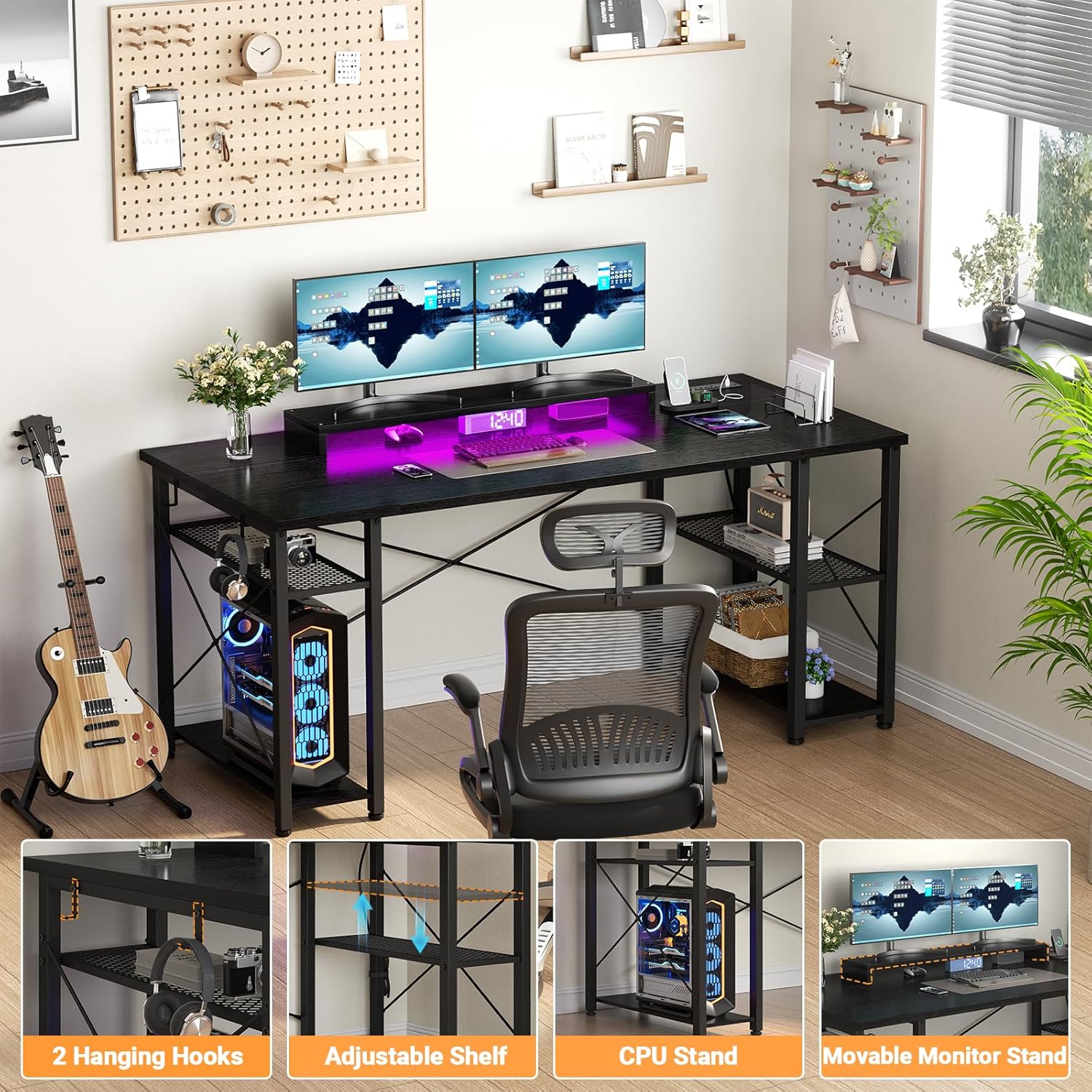Black 55 Inch Gaming Desk with LED Lights and Power Outlet K7683