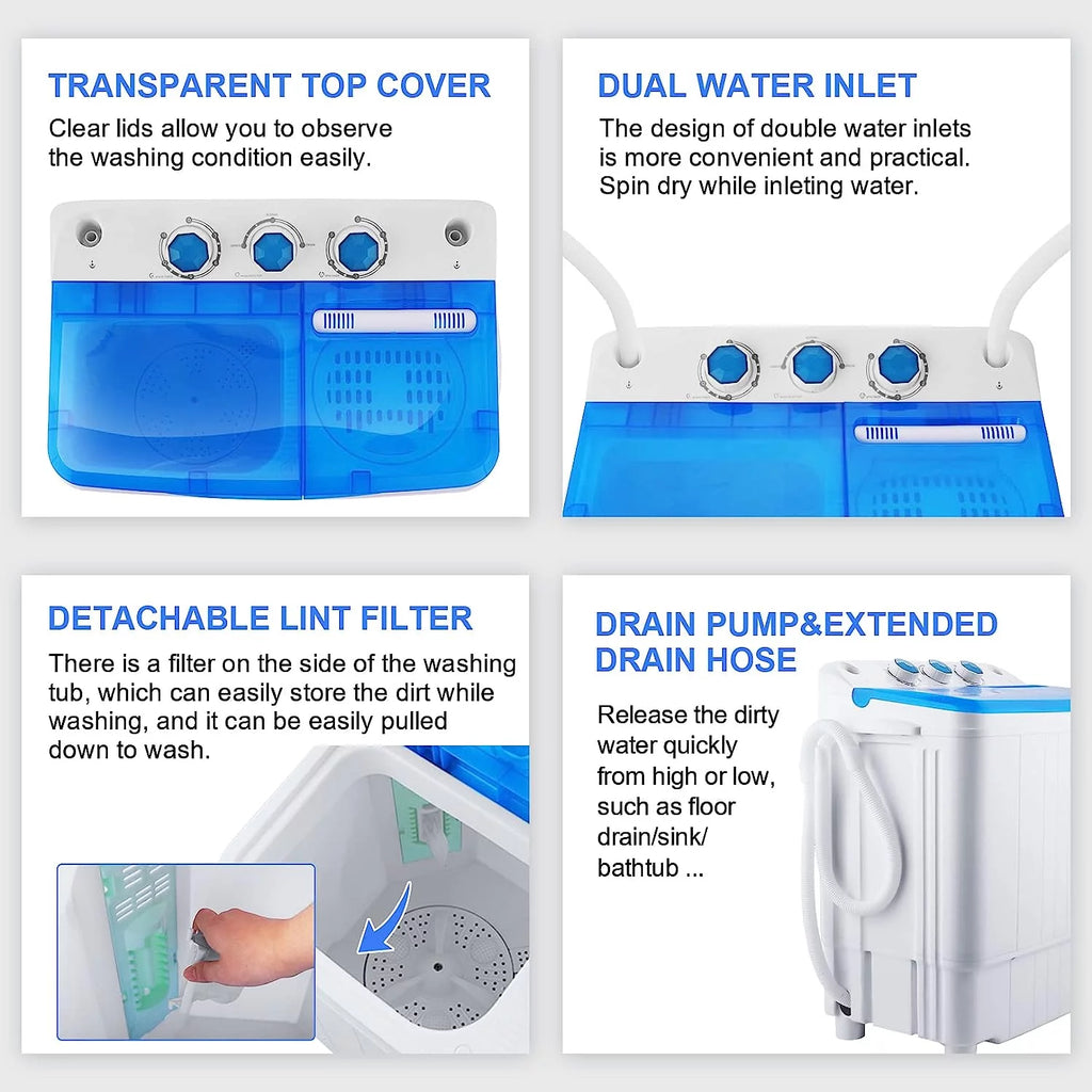 Mini Washing Machine, 11lbs Washer & 6.6lbs Spin Dryer Combo, Compact Washer Machine with Drain Pump E9561