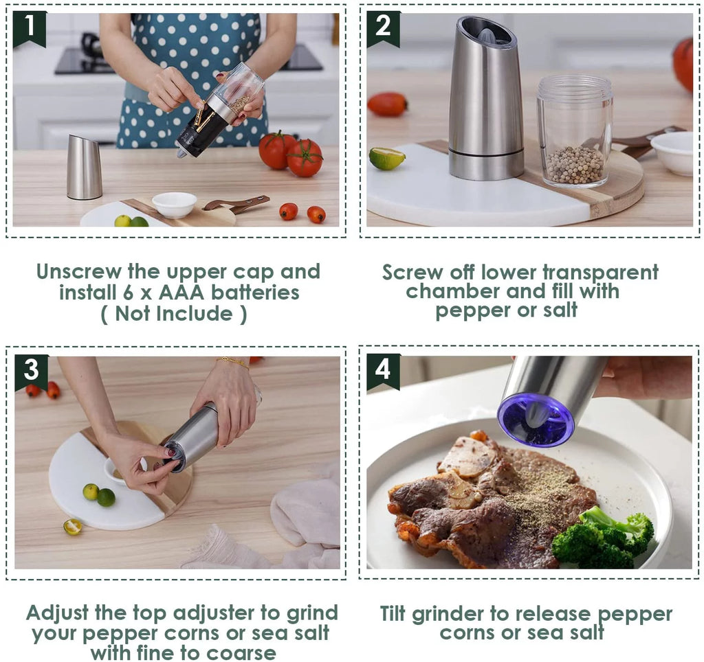 2 Pcs Electric Salt and Pepper Grinder Set Battery Operated Stainless Steel G568677