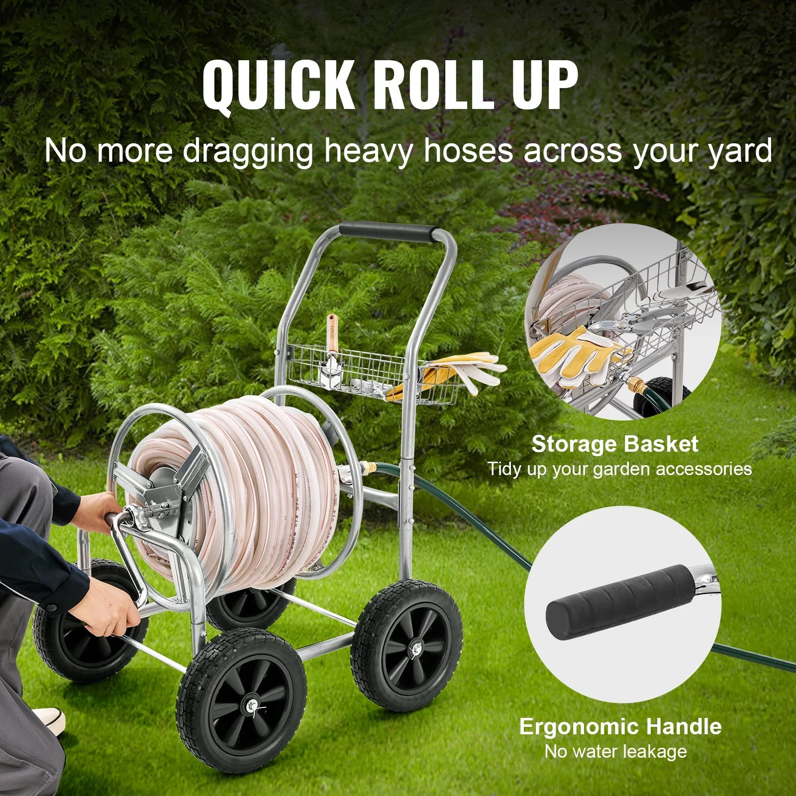 Metal Hose Reel Cart with Wheels, Holds 250 Feet of 5/8" Hose S4526