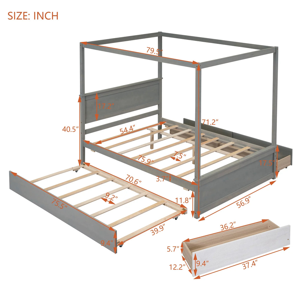 Gray Full Size Canopy Bed Frame with Trundle and 2 Storage Drawers V325443