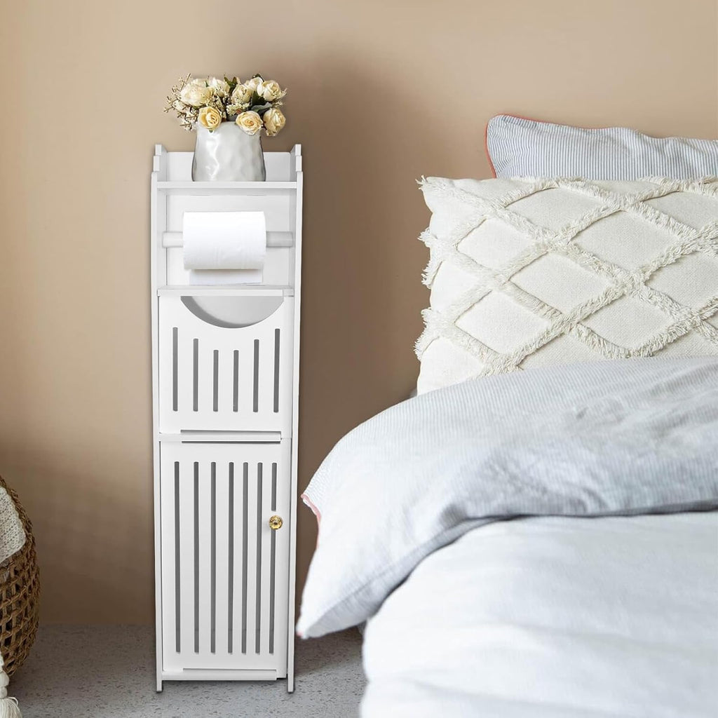 White Narrow Bathroom Storage Cabinet with Toilet Paper Holder I89783