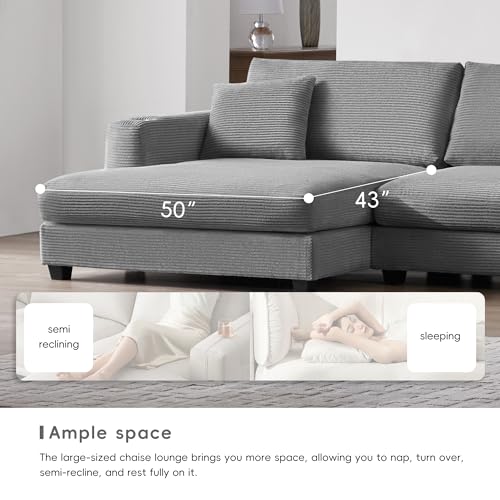 Beige Oversized Corduroy L Shaped Sectional Sofa with Chaise F576761
