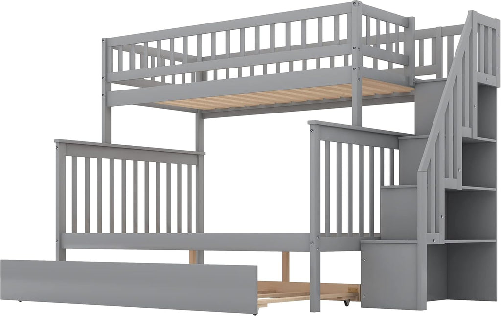 Gray Wood Twin Over Full Bunk Bed Frame with Trundle I225