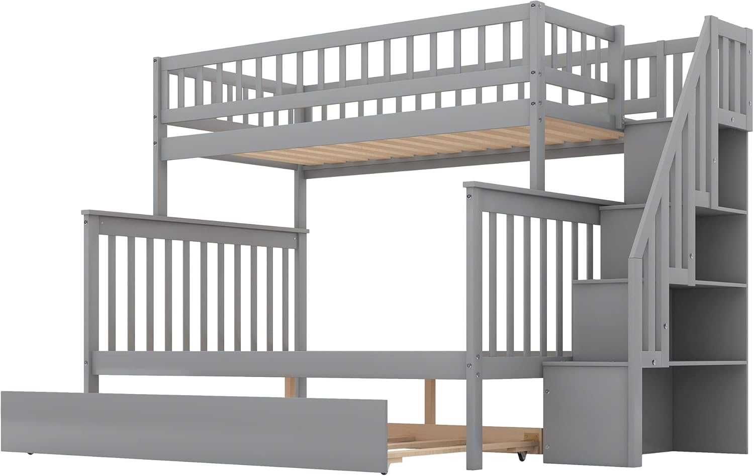Gray Wood Twin Over Full Bunk Bed Frame with Trundle I225
