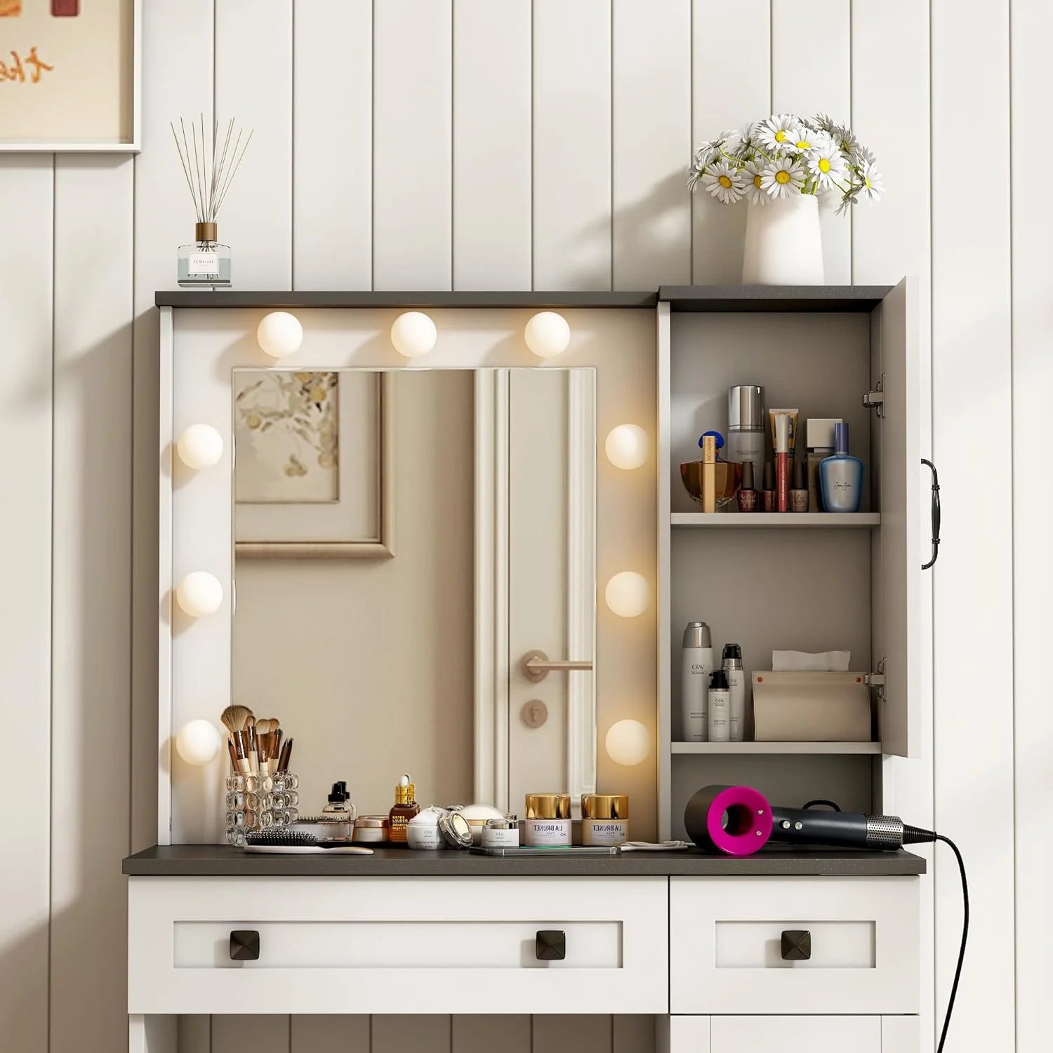 31.5" Makeup Vanity Desk with Lights and Bench Set H14785