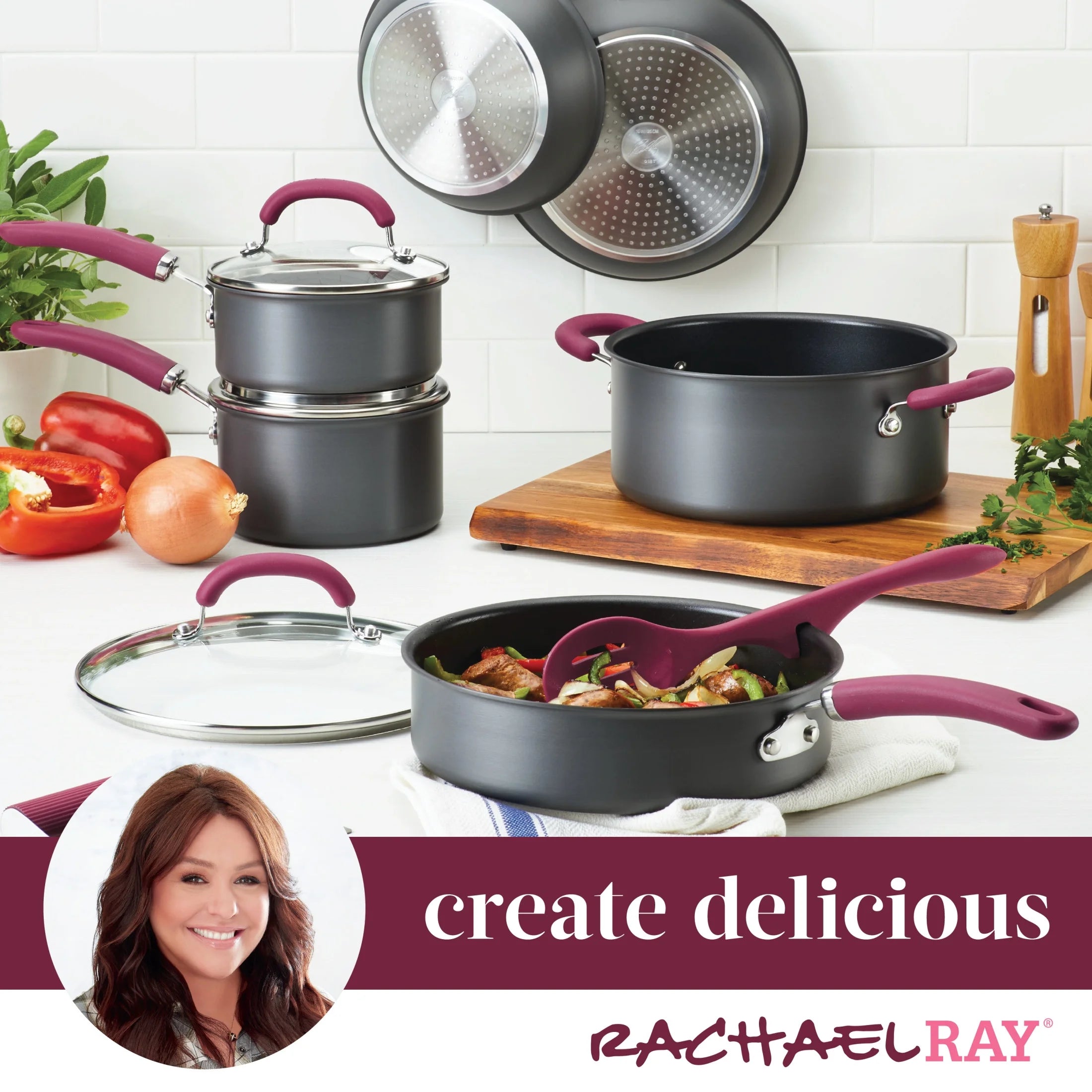 11 Piece Nonstick Pots and Pans Set, Burgundy Handles W751