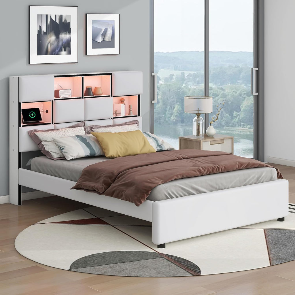 Beige Full Size Upholstered Platform Bed with Storage Headboard S570