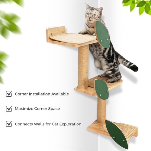 Cat Wall Shelves with Leaves, 2 Platform, Rubber Wood Wall Perch with Mat, Bridge J229356
