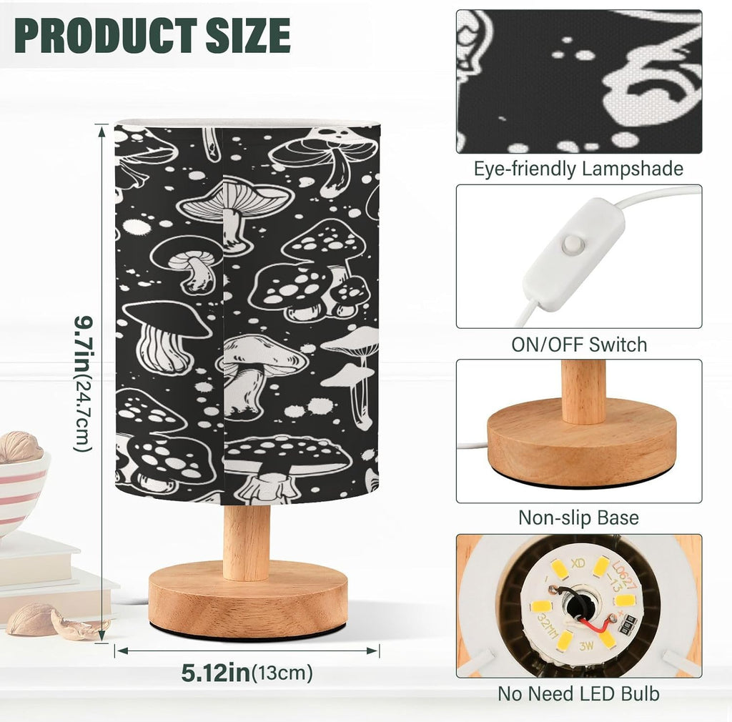 Black White Mushroom Bedside Table Lamp with USB Port Wood Base Round Flaxen Fabric Shade B467721
