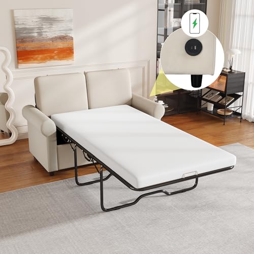 Beige Pull Out Sofa Bed with Twin Size Mattress Pad K701