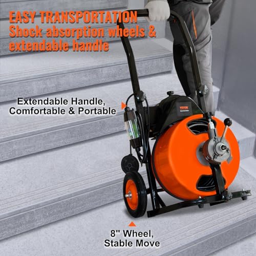 100FT x 3/4 Inch Drain Cleaning Machine Sewer Auger Auto Feed with 4 Cutter & Air-activated Foot Switch O43718