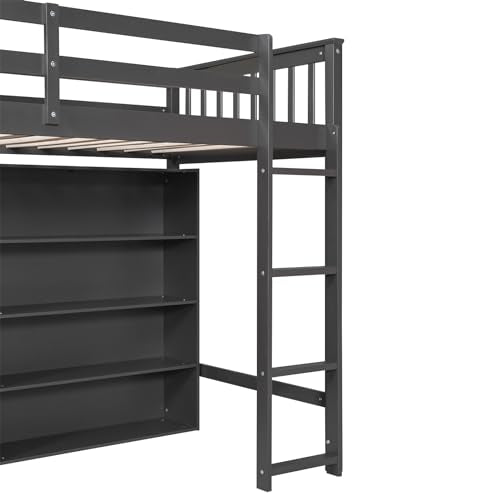 White Full Size Wood Loft Bed with Cabinet and Bookshelf L1251