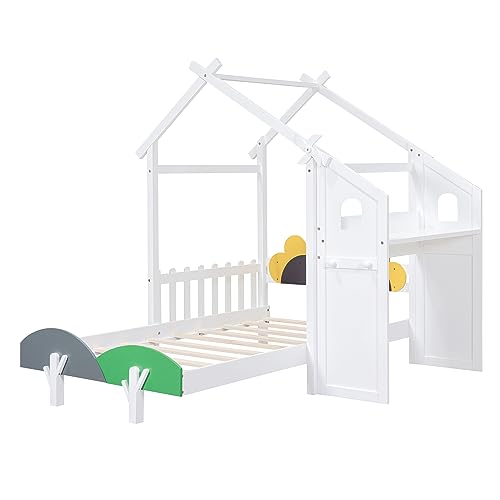 Twin Size Solid Wood House Bed with Desk Z419