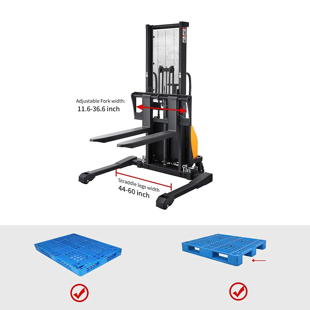 3300lb Cap. Semi-Electric Pallet Straddle Stacker with Adjustable Fork 98" Raised Height C6791