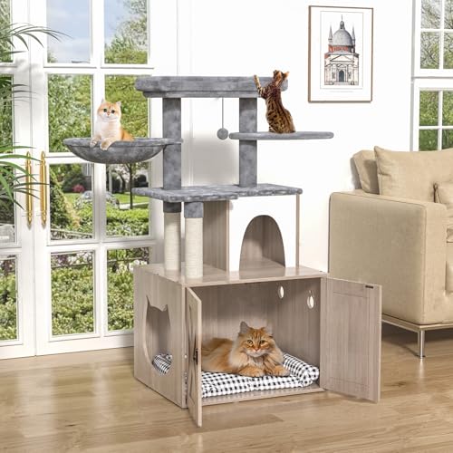 Grey Litter Box Enclosure with Cat Tree and Sisal Scratching Post W588290