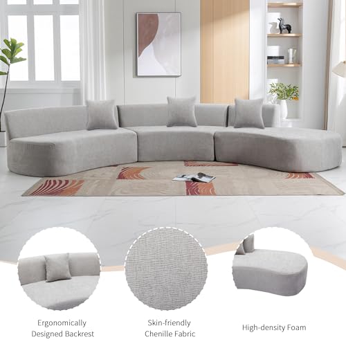 Grey Chenille Curved Sofa Sectional with Three Throw Pillows C11439