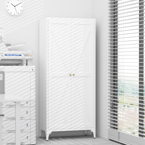 White Metal Tall Kitchen Pantry Cabinet with Doors and Adjustable Shelves V5515