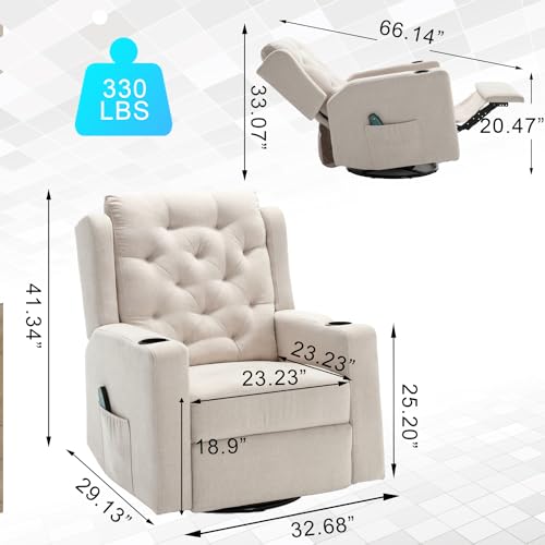 Oversized Swivel Rocker Recliner Chair with Cup Holders, Beige S960