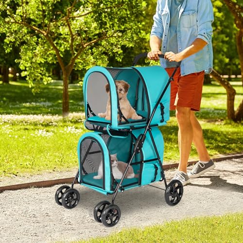 Grey Double Pet Stroller with 4 Wheels and 2 Detachable Carrier Cages C749