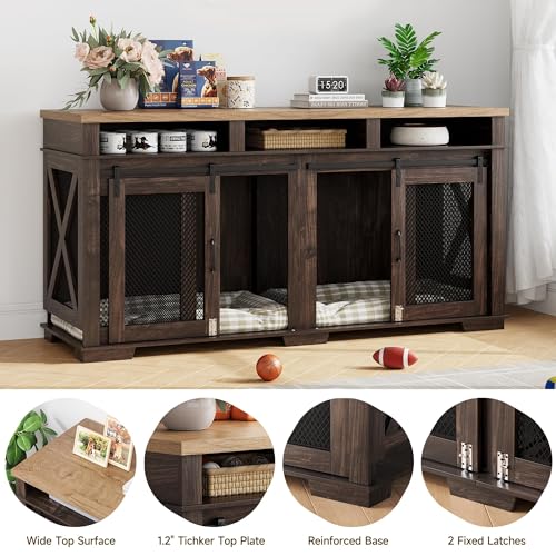 Brown Wooden Dog Crate with 3 Storages and Removable Divider E890