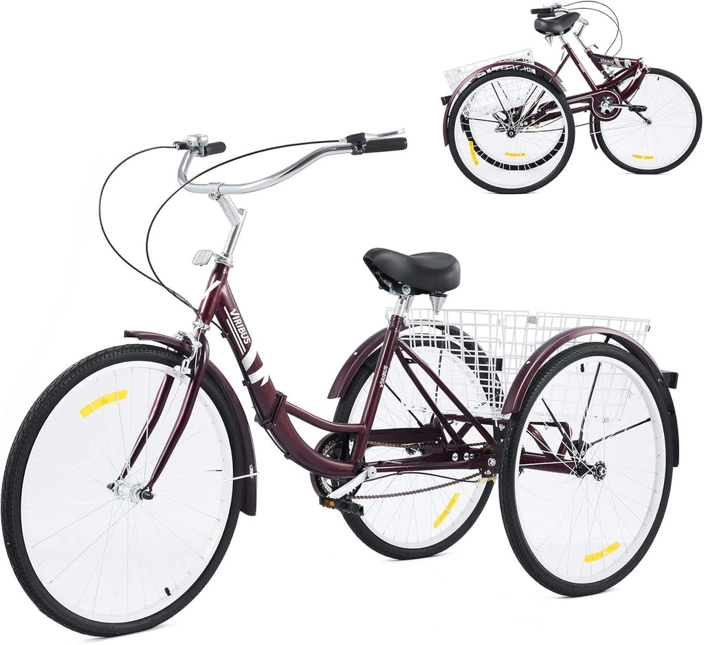 26 Adult Folding Tricycle 1 Speed High Carbon Steel Three Wheeled Trike with Large Rear Basket Adjustable Spring Saddle Rubber Tires Bell Reflectors K453