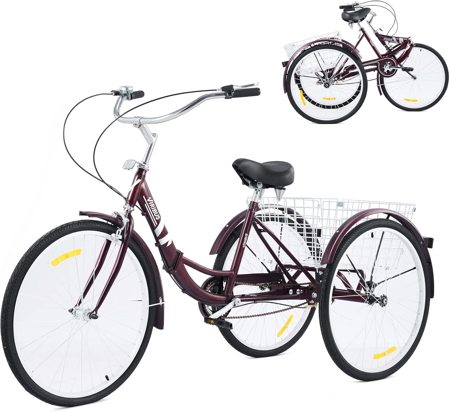 26 Adult Folding Tricycle 1 Speed High Carbon Steel Three Wheeled Trike with Large Rear Basket Adjustable Spring Saddle Rubber Tires Bell Reflectors K453