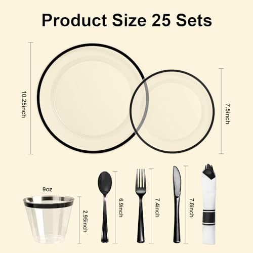350PCS Clear and Black Disposable Plates Set with Plastic Cups and Pre-Rolled Napkins B212546