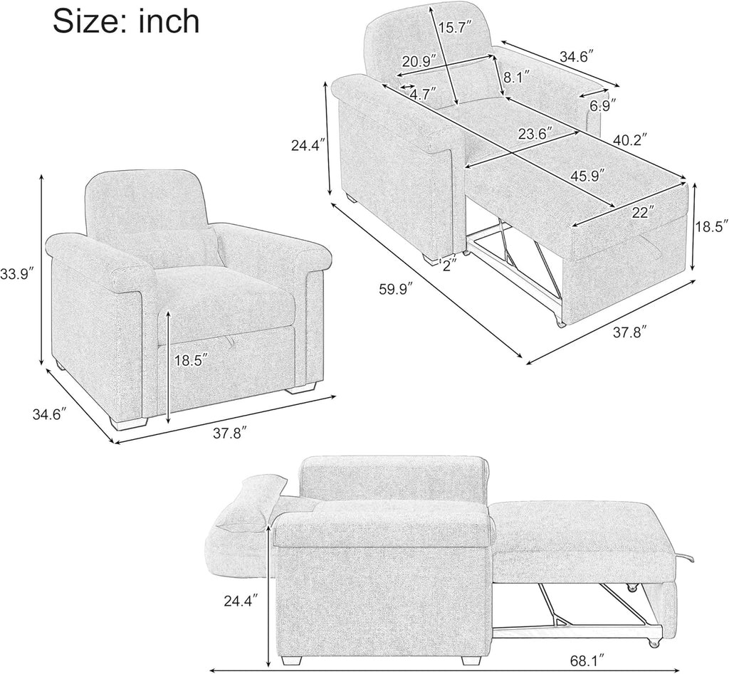 Dark Blue Convertible Sleeper Chair Sofa Bed with Pillow C605