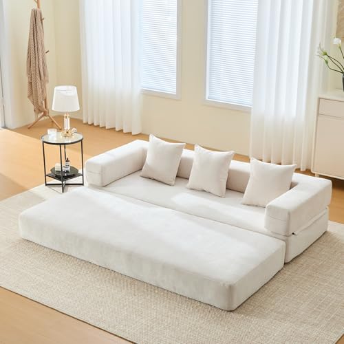 Beige Corduroy Convertible Sleeper Sofa Bed with Cylindrical Pillow R720