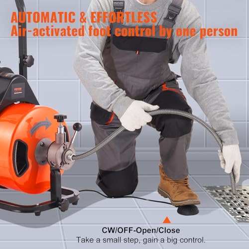100FT x 3/4 Inch Drain Cleaning Machine Sewer Auger Auto Feed with 4 Cutter & Air-activated Foot Switch O43718