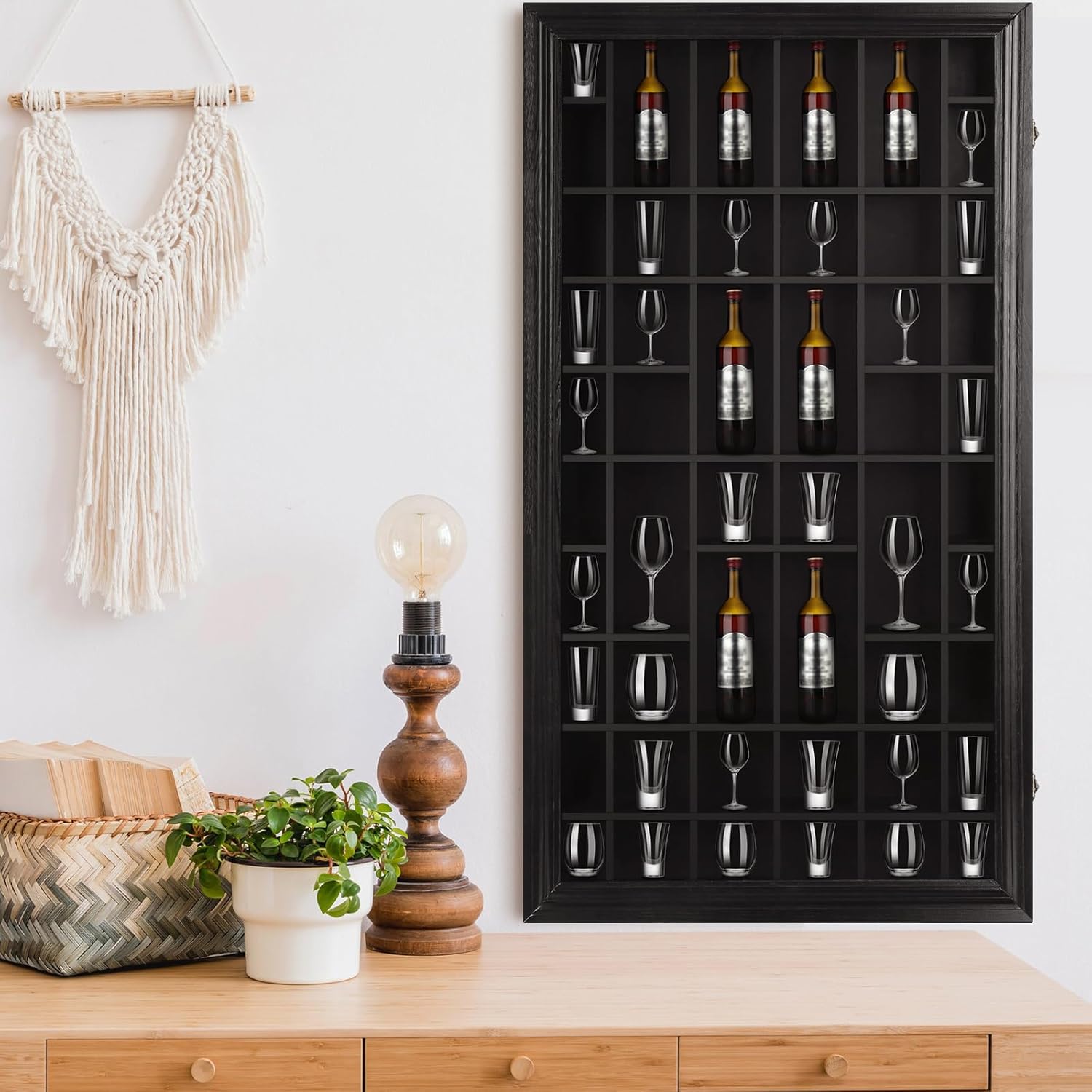2 Pcs 50 Slots Wood Shot Glass Display Case with Lockable Acrylic Door P9036