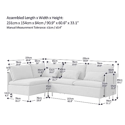 90.9 in L-Shaped Cotton Linen 3-Seater Modular Sofa with 3 Throw Pillows L188