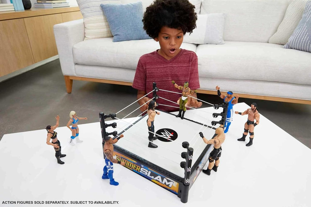 WWE Superstar Ring Playset with Spring-Loaded Mat, Pro-Tension Ropes & 4 Event Stickers, 14-inch J9503