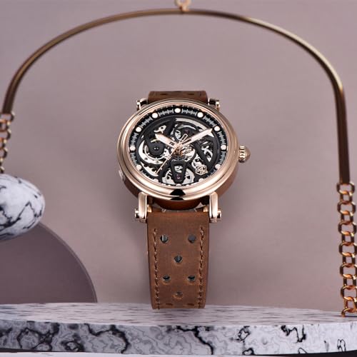 Black Skeleton Dial 50M Waterproof Leather Mechanical Watch Q933693