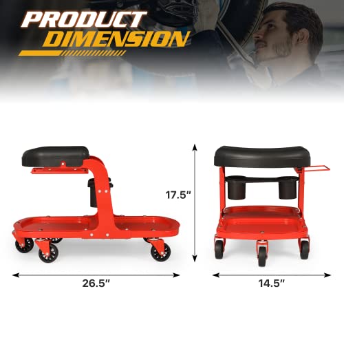 Black Garage Mechanic Creeper Seat with Tool Tray and Can Holder, Rolling Stool W196