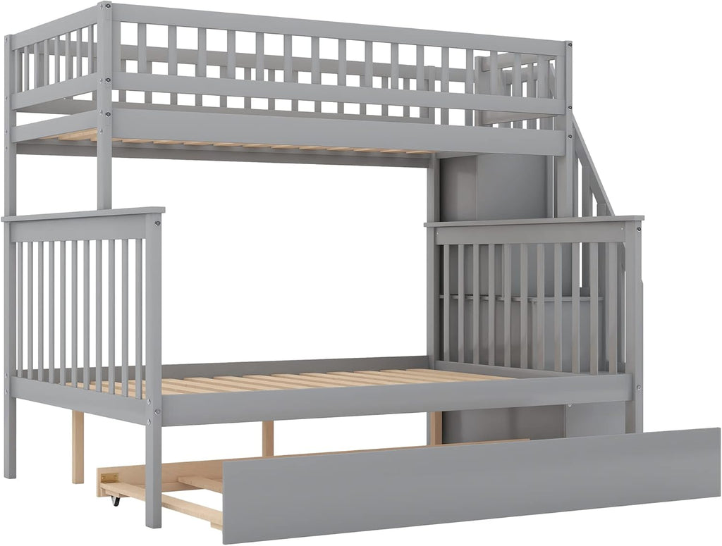 Gray Wood Twin Over Full Bunk Bed Frame with Trundle I225