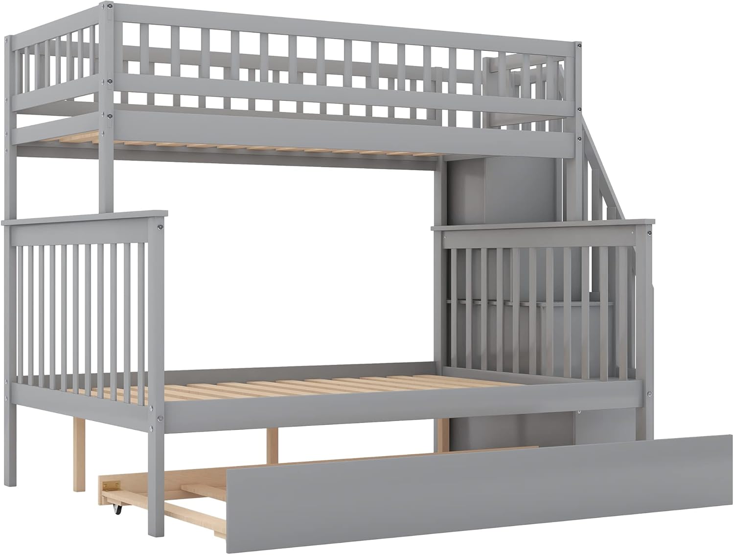 Gray Wood Twin Over Full Bunk Bed Frame with Trundle I225