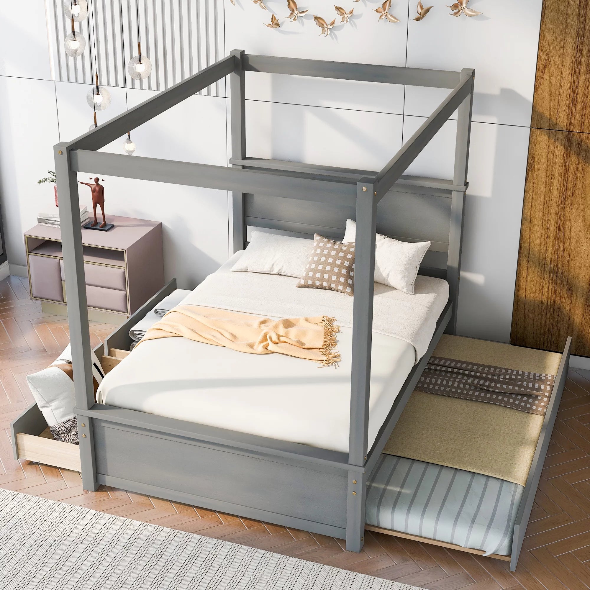 Gray Full Size Canopy Bed Frame with Trundle and 2 Storage Drawers V325443