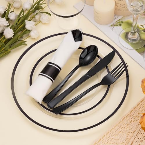 350PCS Clear and Black Disposable Plates Set with Plastic Cups and Pre-Rolled Napkins B212546