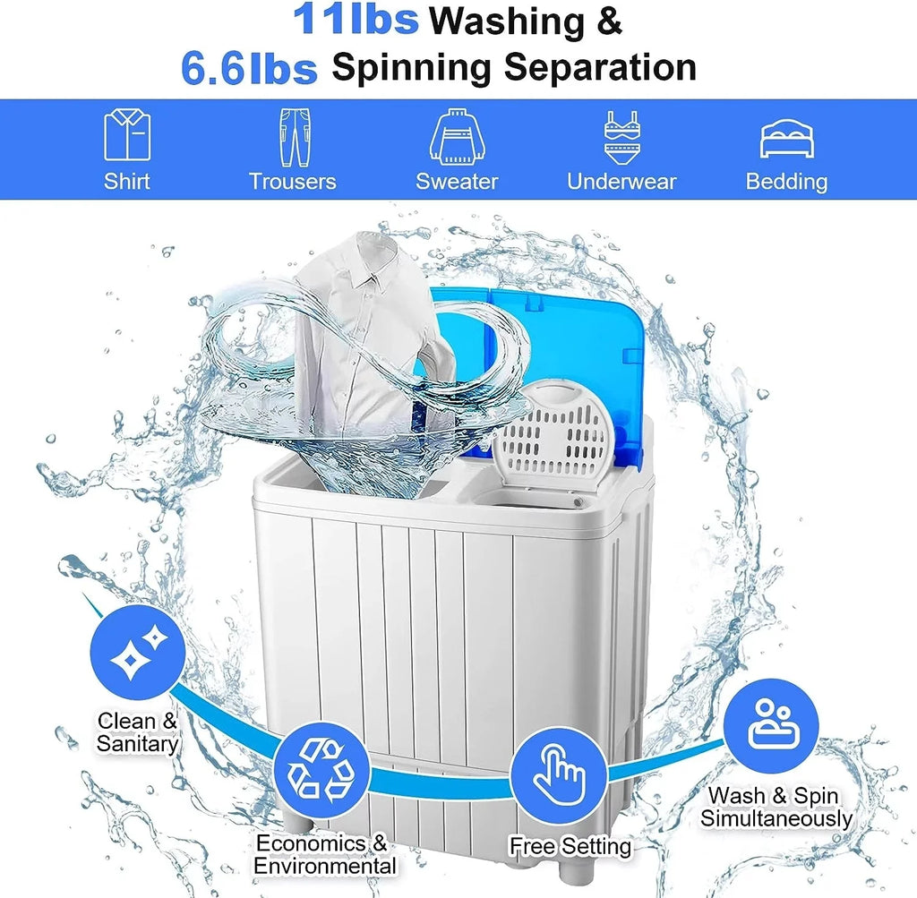 Mini Washing Machine, 11lbs Washer & 6.6lbs Spin Dryer Combo, Compact Washer Machine with Drain Pump E9561
