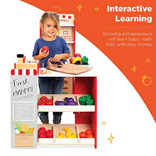 Red Wooden Supermarket Toy Set with Play Food, Cash Register, Conveyor F303776