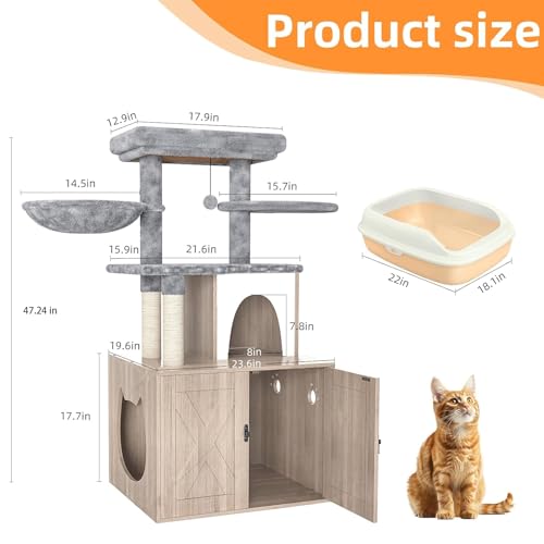 Grey Litter Box Enclosure with Cat Tree and Sisal Scratching Post W588290