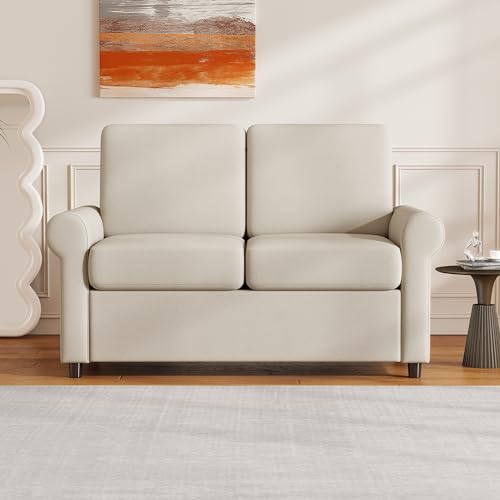 Beige Pull Out Sofa Bed with Twin Size Mattress Pad K701