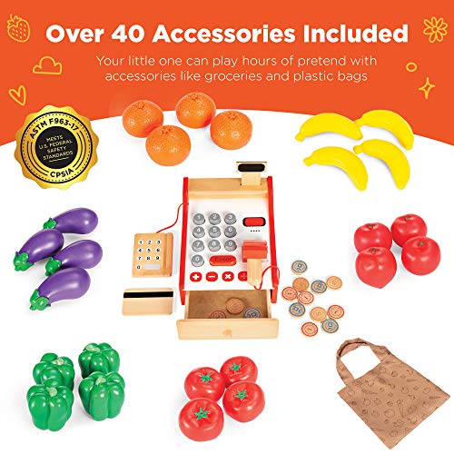 Red Wooden Supermarket Toy Set with Play Food, Cash Register, Conveyor F303776
